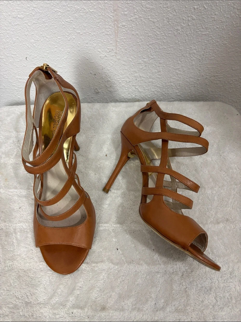 MICHAEL Michael Kors Cognac Leather Strappy Peep Toe Heels Size 9.5M